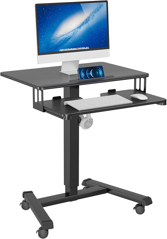 BONTEC Mobile Standing Desk with Keyboard Tray, Mobile Podium on Wheels | Rolling Laptop Sit Stand Desk, Adjustable Height Desk Up to 33lbs, Portable Computer Workstation Cart for Living Room, Office by BONTEC