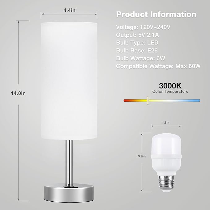 Small Touch Table Lamp for Bedroom - Bedside Desk Lamp for College Dorm | USB A+C Ports, 3-Way Dimmable, LED Bulb Included, White Fabric lampshade, Silver Metal Base, Compact 14" Night Stand Lamp - Image 4
