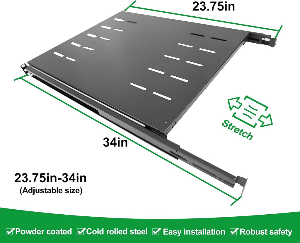 GlobalRack 1U Sliding Shelf,23.75-34" Adjustable, Double-Sided, Soft-Close - Image 2