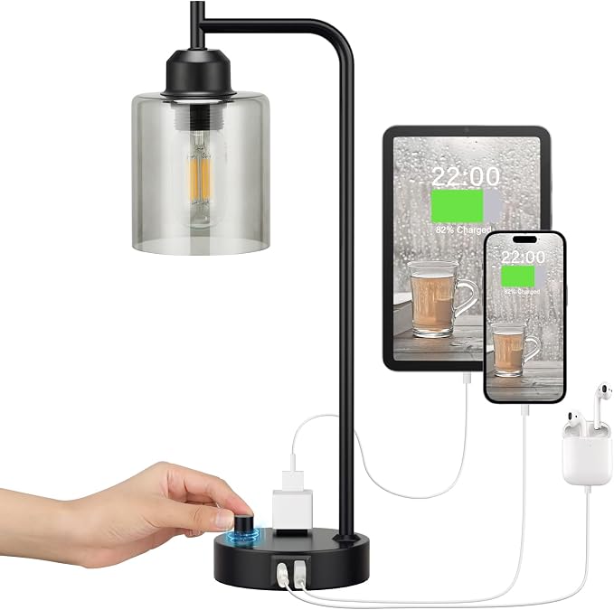 Industrial Bedside Desk Lamps for Bedroom - Grey Smoked Glass Shade Table Lamp with USB C Port, Fully Dimmable Small Lamps with USB Port and Outlet, Reading Nightstand Lamps for Office Living Room - Image 8