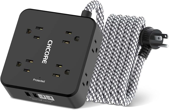 Surge Protector Power Strip - CHCORE 10Ft Braided Extension Cord with 8 Outlets with 4 USB (2 USB C) Charging Ports, Flat Plug Multi Plug Outlet Extender Charging Station for Home Office, ETL, Black by Unknown