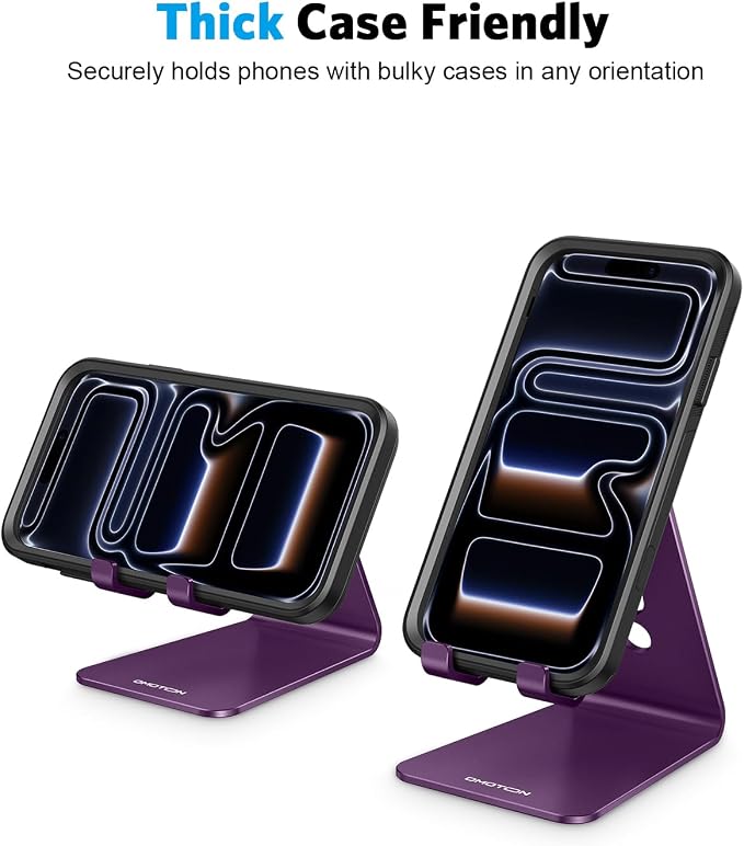 OMOTON C2 Adjustable Cell Phone Stand with Charging Cutout, Deep Purple | Sturdy 3mm Aluminum, Charging Port, 270° Adjustable, Non-Slip Silicone Pads, Works with Thick Cases, for All Smartphones - Image 8