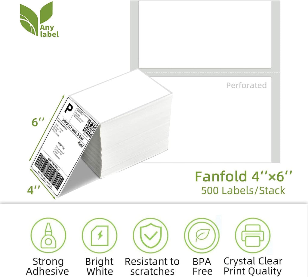 4" x 6" Fanfold Direct Thermal Labels for White Mailing Address Postage Shipping Commercial Grade Compatible with Zebra & Rollo & MUNBYN Label Printer (4 Stacks, 2000 Labels) - Image 2