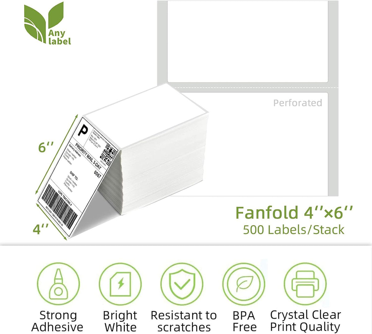 4" x 6" Fanfold Direct Thermal Labels for White Mailing Address Postage Shipping Commercial Grade Compatible with Zebra & Rollo & MUNBYN Label Printer (4 Stacks, 2000 Labels) - Image 2