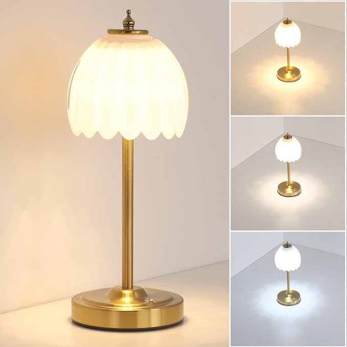Shenmoyl Tulip Table Lamp with 5000mAh Battery & Touch Control, Cordless Table Lamp with 3 Colors, Dimmable Rechargeable Table Lamps for Bedroom, Nightstands, Living Room, Entryways (White Tulip) by Shenmoyl