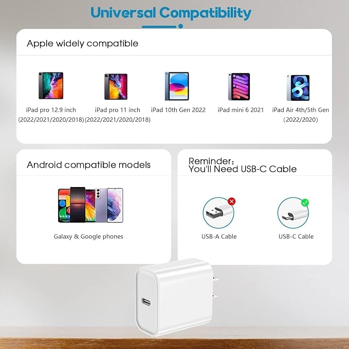 USB C iPad Fast Charger for iPad Pro 13/12.9/11 in 2025/2024/2022/2021/2020/2018,iPad Air 4th/5th Gen,Mini 6th/A17 Pro,iPad 10/A16,20W Wall Fast Charger Block with Extra Long 10FT USB C to C Cable - Image 4