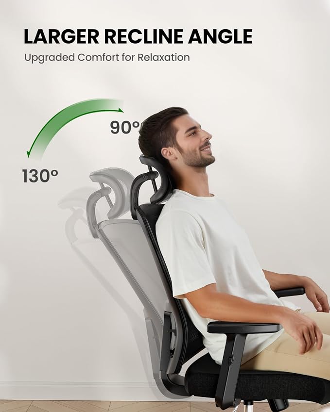 Marsail Ergonomic Office Chair with Lumbar Support and 2D Headrest | Adjustable armrests, contoured seat cushion, breathable design, smooth-rolling wheels, reclining function, height adjustment - Image 7