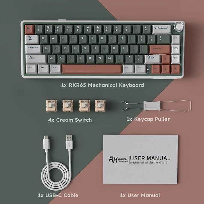 RK ROYAL KLUDGE R65 Wireless Mechanical Keyboard, 60% Keyboard with Knob | Tri-Mode 2.4G/USB-C/Bluetooth, QMK/VIA Custom Keyboard with 66 Keys and CNC Metal Knob, Hot Swappable, Cream Switch, Green - Image 9