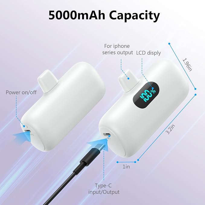 Mini Portable Charger for iPhone,Upgraded 5000mAh PD Fast Charging Battery Pack,LCD Display Cute Power Bank Portable Phone Charger for iPhone 14/14 Pro Max/13/13 Pro/12 Pro/11/XS/XR/X/8/7/6-White - Image 4
