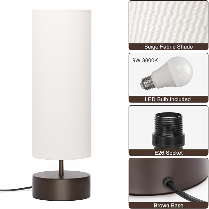 3 Way Dimmable Touch Control Table Lamp, Bedside Table Lamp with Dark Brown Base, Modern Nightstand Lamp with Beige Shade, Simple Night Light for Bedroom Living Room Home Office, 9W LED Bulb Included - Image 7