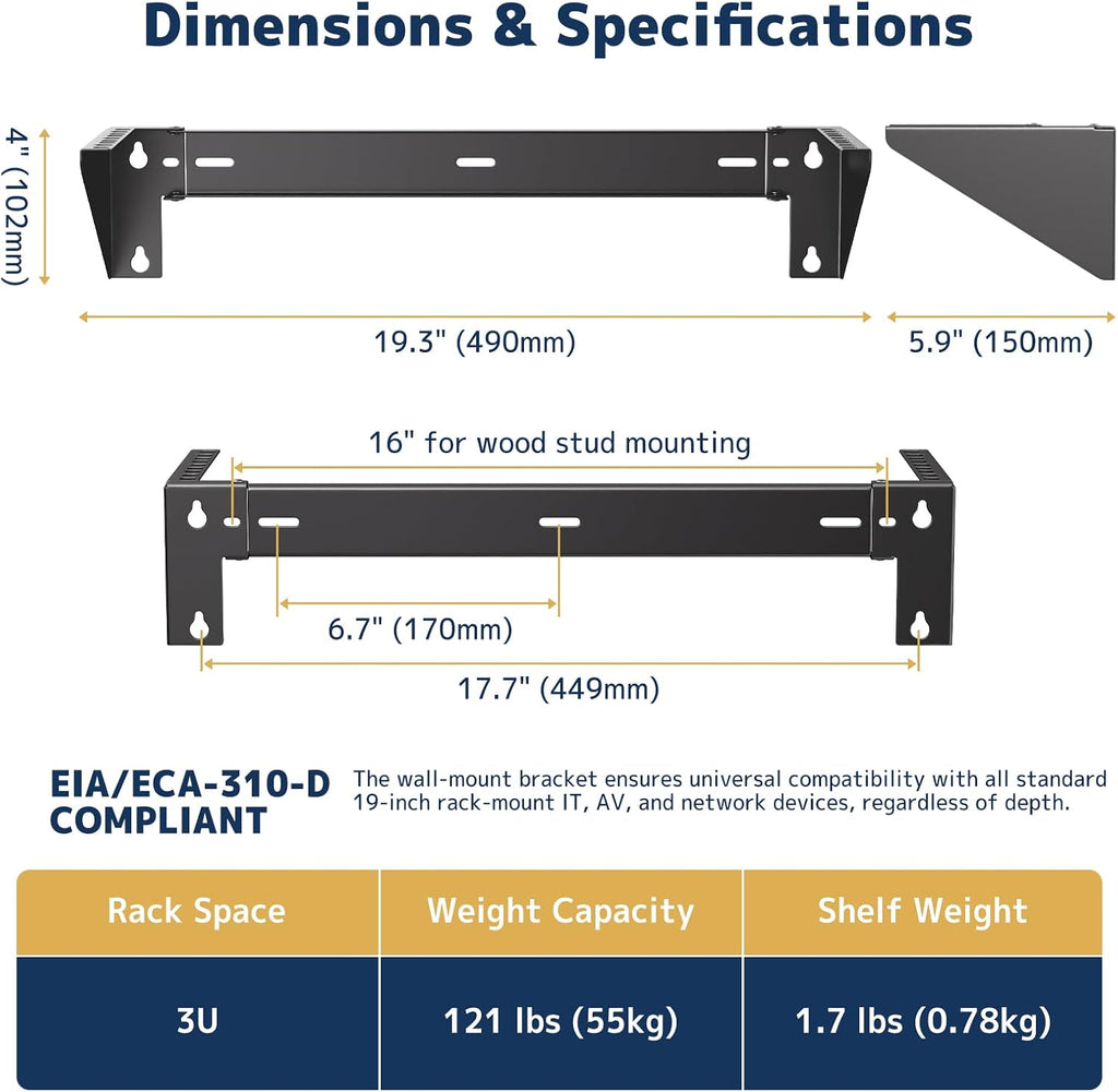 3U Vertical Wall Mount Rack - 19" Steel Wall & Under-Desk Bracket for Server, Network Switch, or Patch Panel, Supports up to 121lbs, for Cabinet or Server Room, JHSVR-3U - Image 4