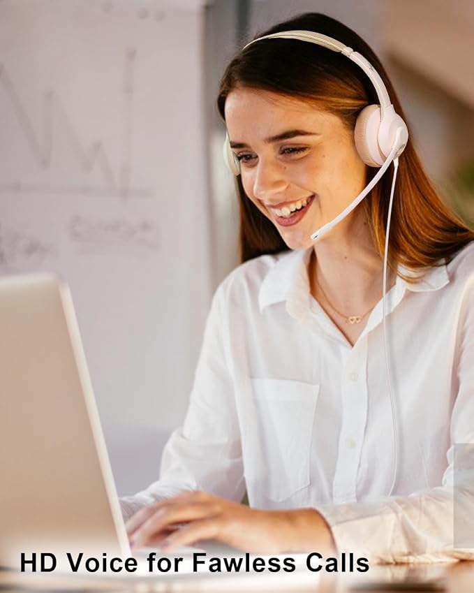JIAMQISHI USB Headset with Microphone for PC, On-Ear Computer Laptop Headphones with Noise Cancelling Mic in-line Control for Home Office Online Class Zoom (USB+3.5mm, White) - Image 6