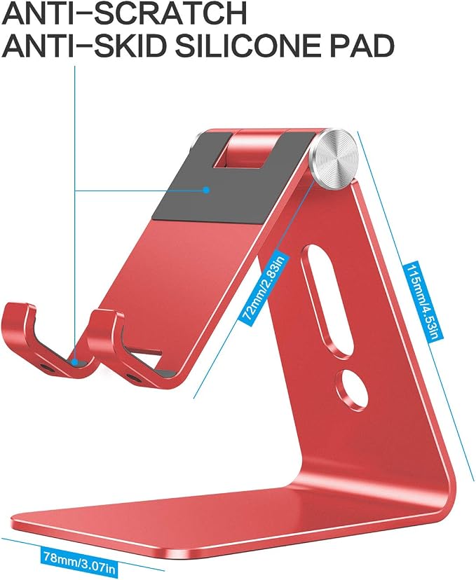 OMOTON C2 Adjustable Aluminum Cell Phone Stand with Charging Cutout, Red | Sturdy 3mm Aluminum, Charging Port, 270° Adjustable, Non-Slip Silicone Pads, Works with Thick Cases, for All Smartphones - Image 4