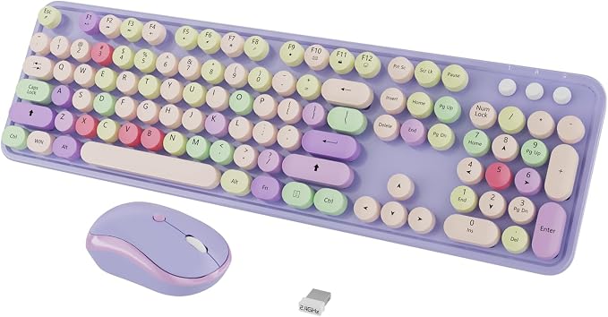 Wireless Computer Keyboard and Mouse Combo,Colorful Purple | Ergonomic Full Size Typewriter Retro Round Keycaps Keyboard, Compatible with Windows, PC, Perfer for Home and Office by Kootop