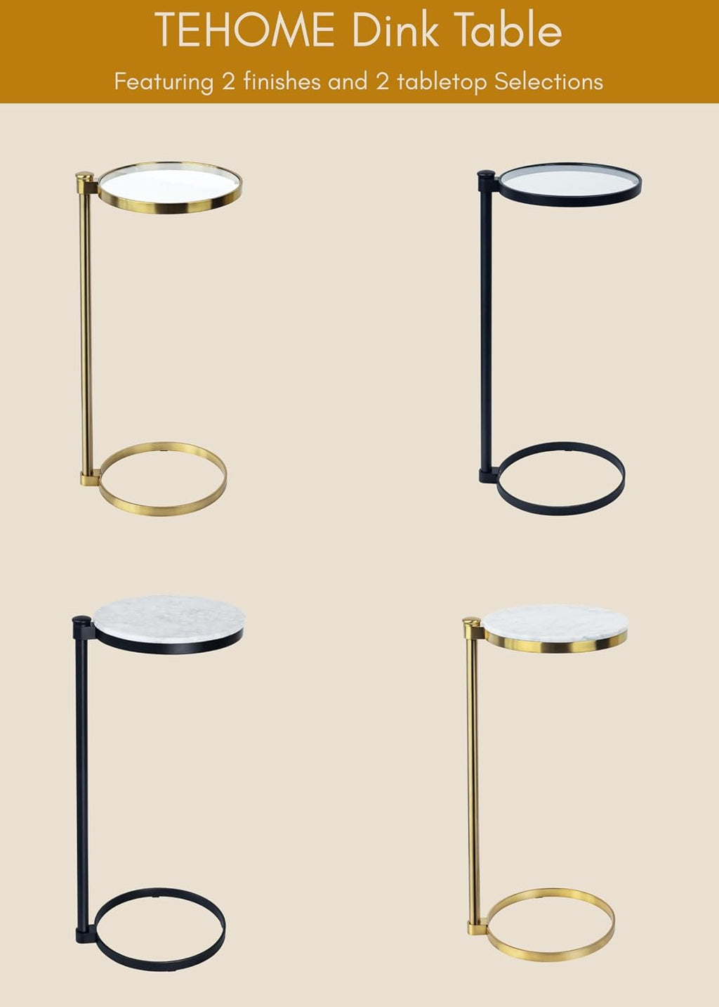 TEHOME Gold Glass Drink Table Metal Martini Round Small Drink Side Table for Couch Tempered Glass C Shaped End Table for Sofa 10" diam,24.55" h - Image 6