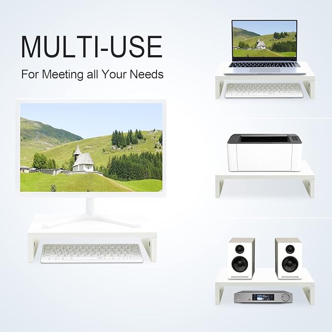 TEAMIX White Monitor Stand Riser for Desk, Small Computer/Laptop Stand Wood | 14.2"L x 9.5"W, Holds 80 lbs, Desktop Organizer Shelf, Ergonomic Morden Design, Easy Assembly, For Home Office, Gaming - Image 2