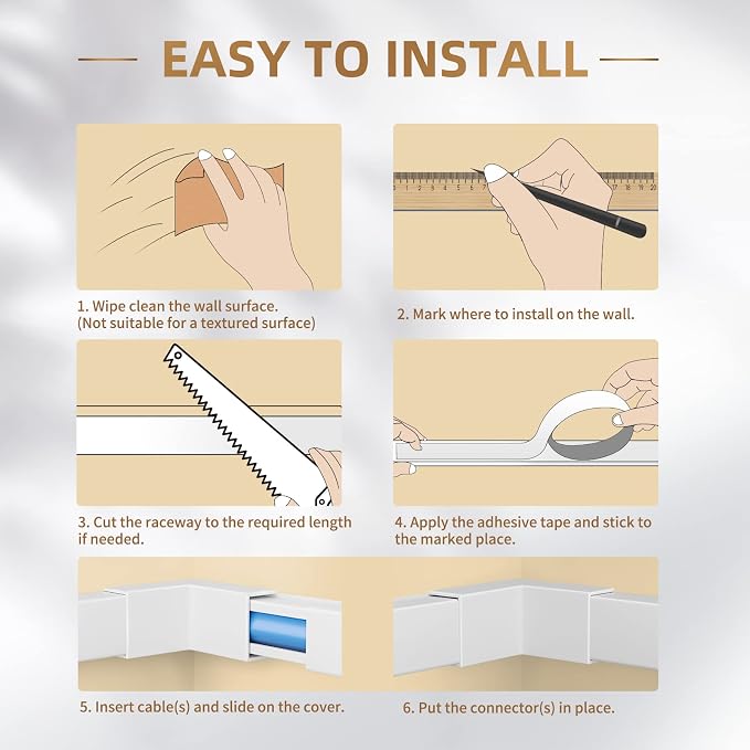 Delamu Cord Hider, 315in Cord Covers for Wires on Wall, One-Cord Cable Hider, Wire Hiders Wire Covers for TV Cords on Wall, Easy Mount Cable Cover Management Kit, 20 x L15.7 W0.59 H0.4in, White - Image 8