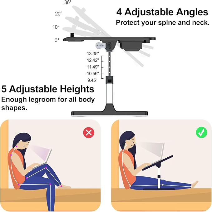 HETTHI Laptop Stand for Bed, Adjustable Leather Bed Desk with Foldable Legs, X-Large Laptop Bed Table Tray with Drawer for Bed Couch Floor Writing Working Reading Eating Painting (Black, 23.6"×15.7") - Image 2