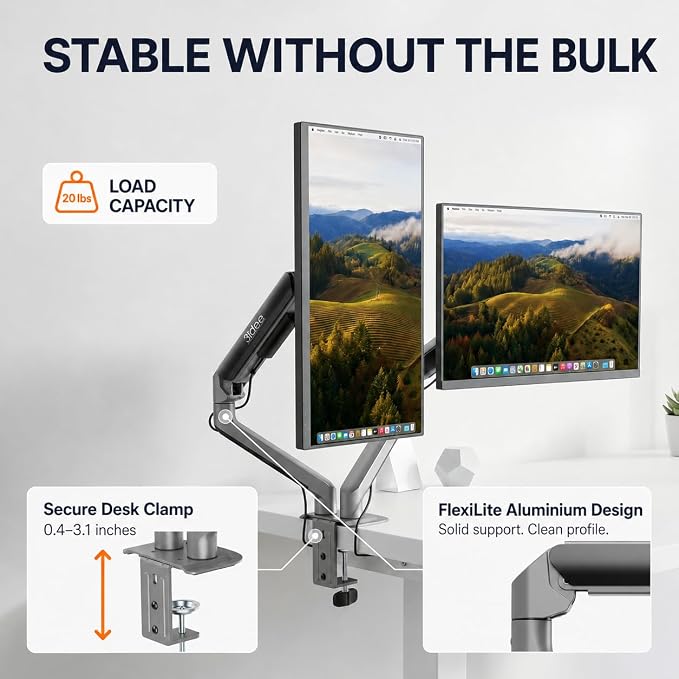 3IDEE FlexiLite Dual Monitor Arm Desk Mount for 17-32" Screens, Holds up to 20 lbs per Monitor, Slim Aluminium Design, Fully Adjustable, Quick Box to Desk Setup, Clamp/Grommet Base, VESA 75/100 - Image 3