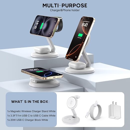 Charging Station for Apple Magnetic Wireless iPhone Mag-Safe Charger,15W 3in1 Foldable Wireless Dock Fast MagSafe Charger Stand for iPhone 17 Pro Max/16 Plus/16 ProMax/15/14/13,Apple Watch,AirPods Pro - Image 4