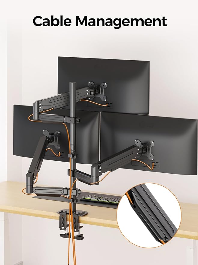 Triple Monitor Mount for Max 34" Screens, up to 24.25lbs Each, Full Adjustable 3 Monitor Desk Stand, Three Gas Spring Arm with Tilt Swivel Rotation, VESA 75x75/100x100mm, Black, MDX883B - Image 8