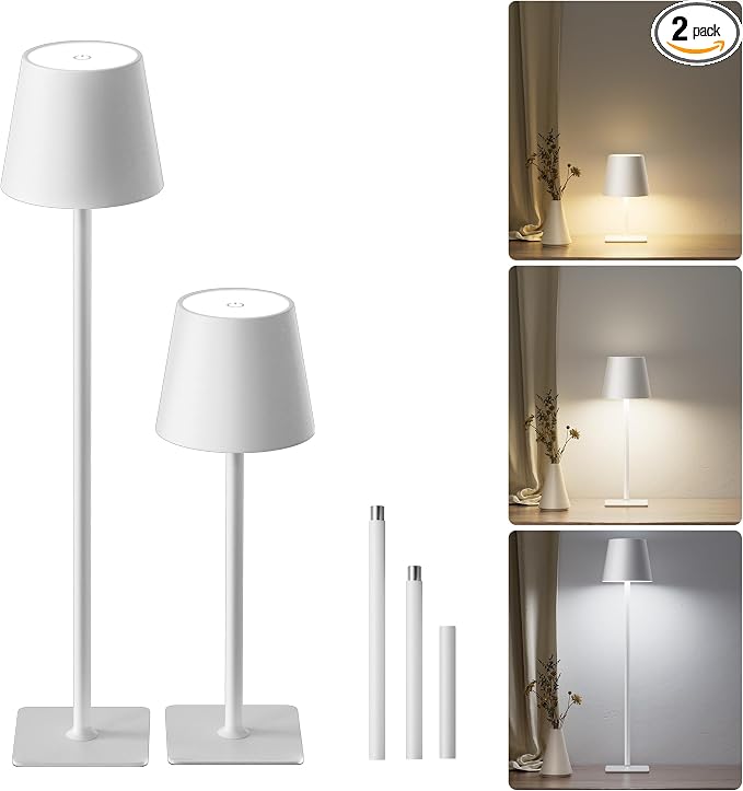 JACKYLED Cordless Lamp DIY Height, 3 Color Stepless Dimming, 5000Capactiy Opwer Operated Lamp Portable Rechargeable for Bedroom Dinning Kitchen, White, 2 Pack by JACKYLED