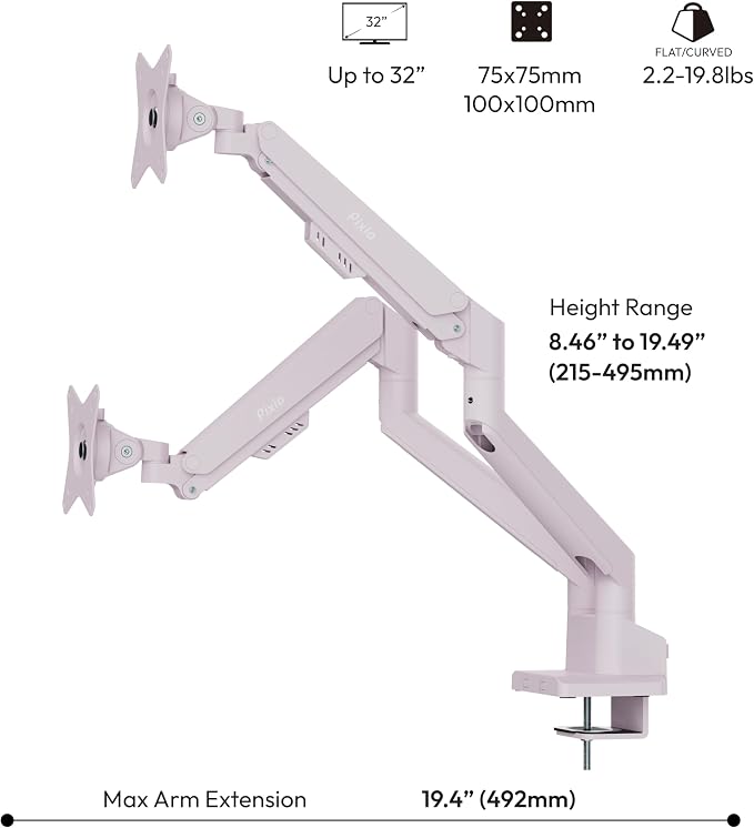 Pixio PS1D Wave Pink Dual Monitor Arm Stand Desk Mount - Fits up to 32 inches Monitors and up to 19.8lbs. VESA Compatibility and Integrated Cable Management - Image 4
