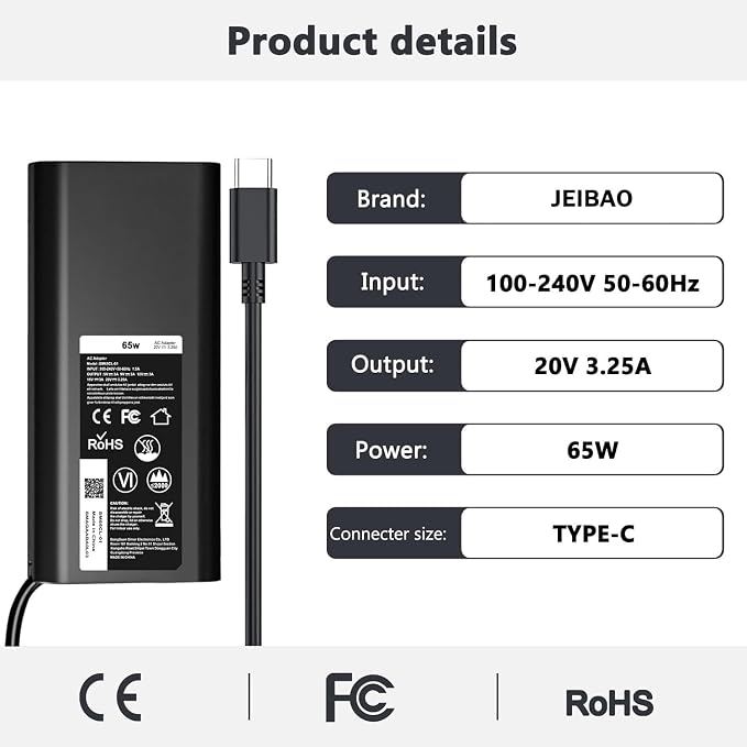 JEIBAO 65W 45W USB-C Laptop Charger Compatible with Dell Latitude 5540 5530 5520 5420 5430 5440 5450 7530 7440 7430 7420 7340 7330 7320 XPS 13 9250 9350 9360 9365 9370 9380 9550 Adapter Power Cord - Image 2