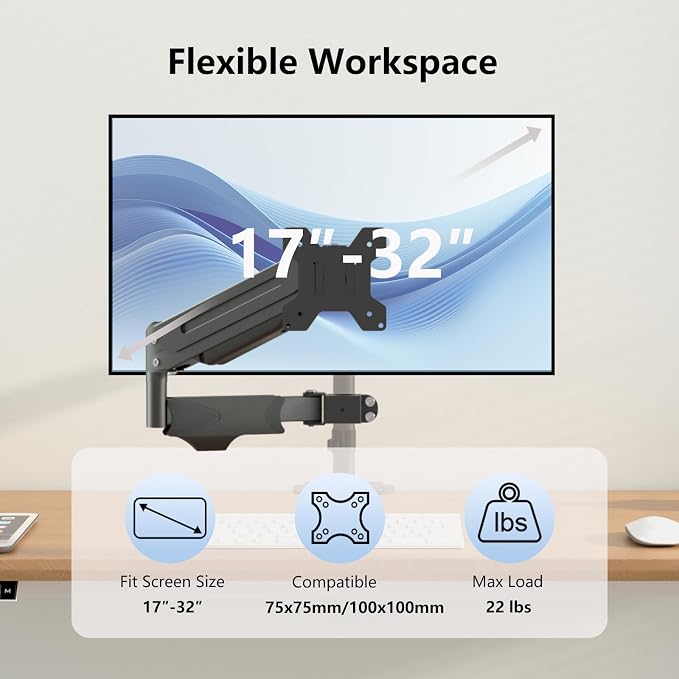 suptek Single Monitor Arm for Desk Mount Stand,Adjustable Monitor Arm for 17 to 32 inch Screen, Support Weight up to 22lbs, Mounting Holes 75x75mm to 100x100mm,Pneumatic Pole Mount Arm Black - Image 2