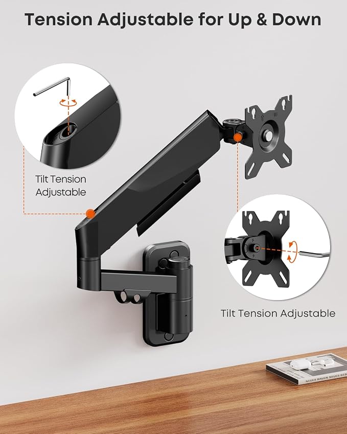 Heavy Duty Single Monitor Arm Wall Mount fits 27-45 Inch Flat/Ultrawide | Full Motion, Gas Spring Arm, Holds 35.2 lbs, VESA 75/100mm for Home Office & Gaming, Black - Image 7