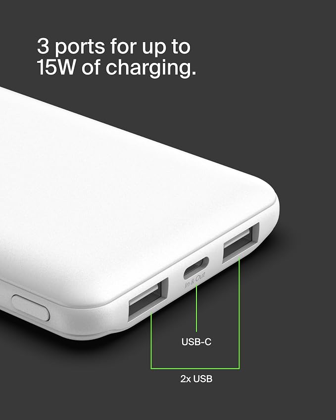 Belkin 10000mAh 15W 3 Port Power Bank, USB A to USB C Cable Included | Fast Charging, iPhone 17, Samsung Galaxy, Pixel, Airpods, iPad, Nintendo Switch 2, Battery Pack, USB C Port, USB A Port - Image 7