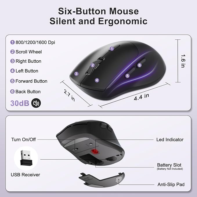 Wireless Keyboard and Mouse Combo, Full Size Ergonomic Wave Keys(Purple-B) | 2.4G Ergonomic Keyboard with Wrist Rest, Phone Holder, 3-Level DPI Silent Mouse with 6-Buttons, for Windows/Mac OS/Laptop/PC - Image 4