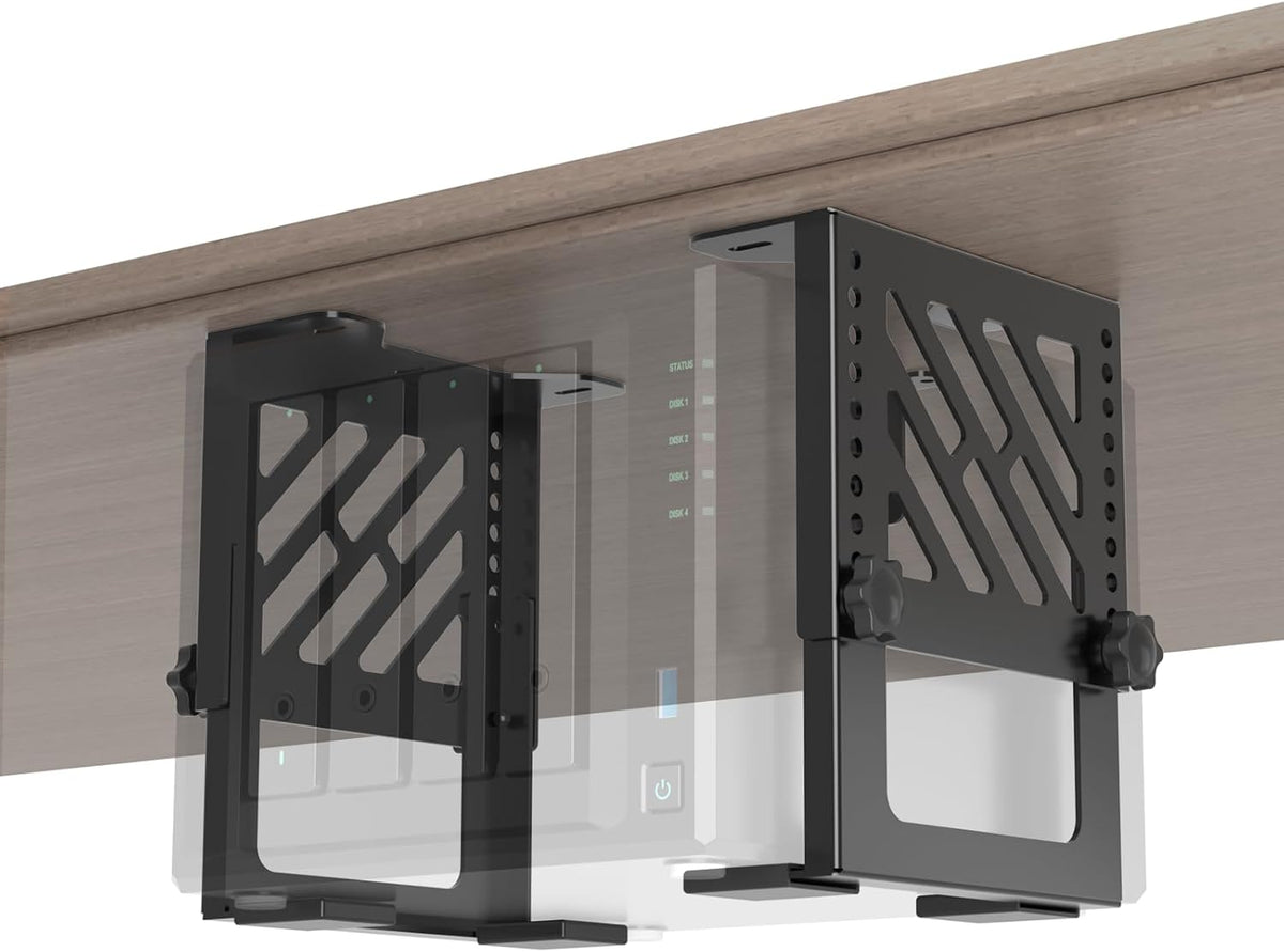Metal Under Desk Mount for NAS Adjustable Mounting Bracket for Desktop NAS 1/2/4 Bay Network Attached Storage Under Desk Holder for NAS/Small PC/SFF Desktop Tower/CPU/UPS and More with Cable Ties by Bedycoon
