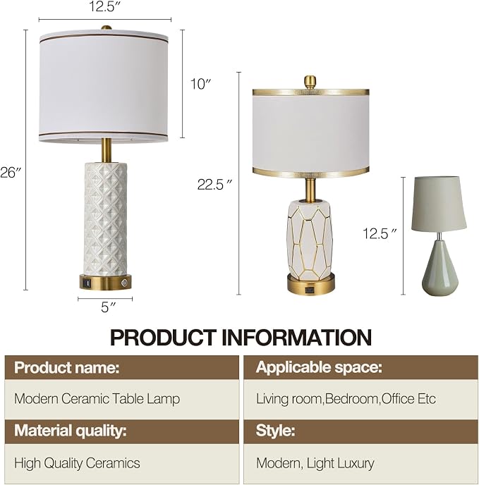 Set of 2 Table Lamp for Living Room Bedroom Farmhouse,26'' Touch Control Bedroom Ceramic Lamps 3-Way Dimmable Bedside Lamps with USB A+C Ports Linen Shade for Home(2 Bulbs Included) - Image 5