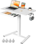 32" Mobile Desk with Drawer, Rolling Standing Desk on Wheels | Height Adjustable Desk with Cup Holder and Hooks, Portable Laptop Cart with Storage for Home Office, White by JYLHJOYSEEKER