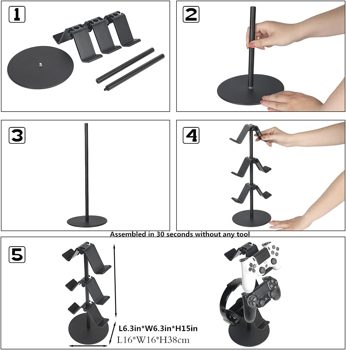 Controller Stand 3 Tier,Headphone Holder, Multi Adjustable Game Controller Headset Hanger for All Universal Gaming PC Accessories, Xbox PS4 PS5 Nintendo Switch(Smart Black) - Image 5