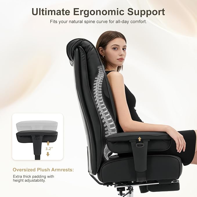 EXCEBET Big and Tall Office Chair 400lbs Wide Seat, Leather High Back Executive Office Chair with Foot Rest, Ergonomic Chairs Lumbar Support for Lower Back Pain Relief (Black) - Image 4