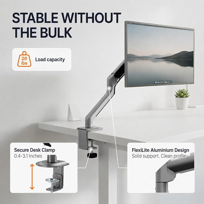 3IDEE FlexiLite Single Monitor Arm Desk Mount for 17-32" Screens, Holds up to 20 lbs, Slim Aluminium Design, Fully Adjustable & Flexible, Quick Box to Desk Setup, Clamp/Grommet Base, VESA 75/100 - Image 3