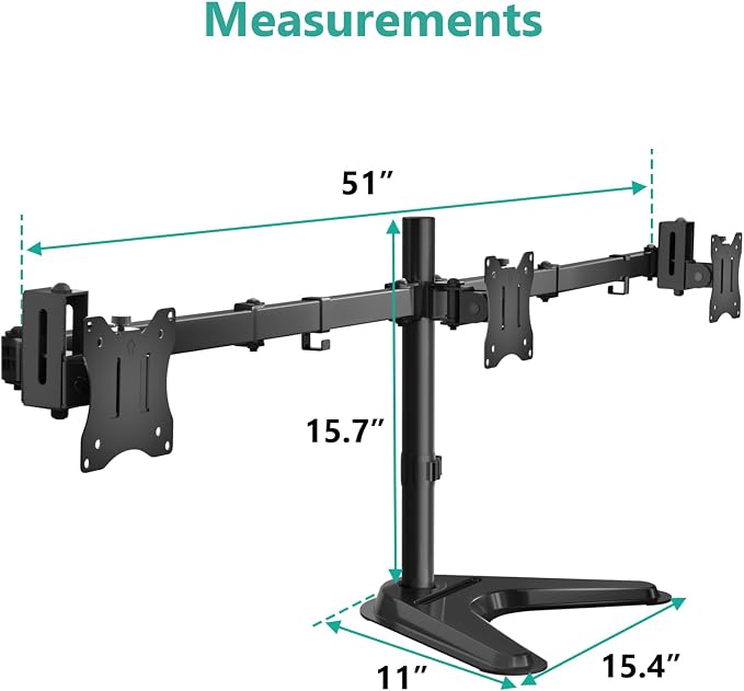 WALI Freestanding Triple Monitor Stand for 13-27 inch Screens，22lbs per Arm | Articulating 3 Monitor Desk Mount, Full Motion with Tilt, Swivel, Rotation, C-Clamp & Grommet Base, VESA 75/100mm (MF003N) - Image 8