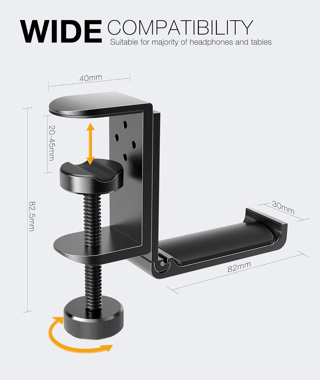 New Foldable Headphone Stand Hanger Holder Aluminum Headset Soundbar Stand Clamp Hook Under Desk Space Save Mount, Universal Fit Gaming Headphones, Black - Image 5