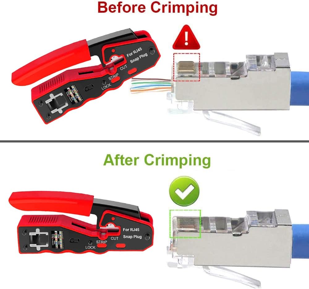 LEATBUY Crimp Tool CAT5 CAT6 Kit RJ45 Crimping Tool, 50PCS RJ45 Crimper Pass Through Ethernet LAN Connectors, 50PCS Covers, Network Cable Tester, Wire Punch Down Cutter(RED) - Image 3