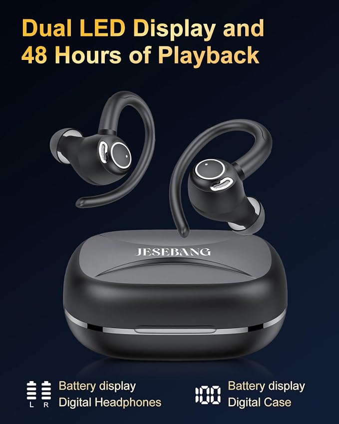 Wireless Earbuds, Bluetooth 5.4 Headphones Sport Over Ear Buds With ENC Mic | Noise Cancelling, 48H, Wireless Earphone With Earhooks, Stereo Deep Bass, IP7 Waterproof ear bud for Workout Running, Black - Image 5