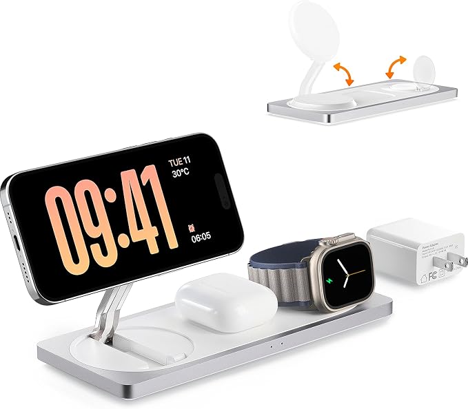 3 in 1 Wireless Charging Station for Apple Devices with MagSafe | For iPhone 17/Air/16/15/14/13/12, AirPods & Apple Watch, Foldable Portable Aluminum Charging Stand, Adapter Included by Petino