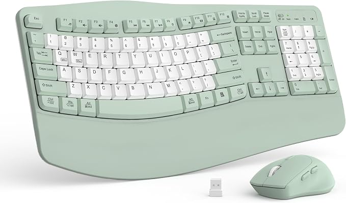 Wireless Keyboard and Mouse Combo,2.4G Ergonomic Wave Keys(Avocado Green-B) | Full Size Cordless Keyboard with Wrist Rest,3-Level DPI Ergonomic Mouse for Office and Home,Windows/Mac OS/Desktop/Laptop/PC by RECCAZR