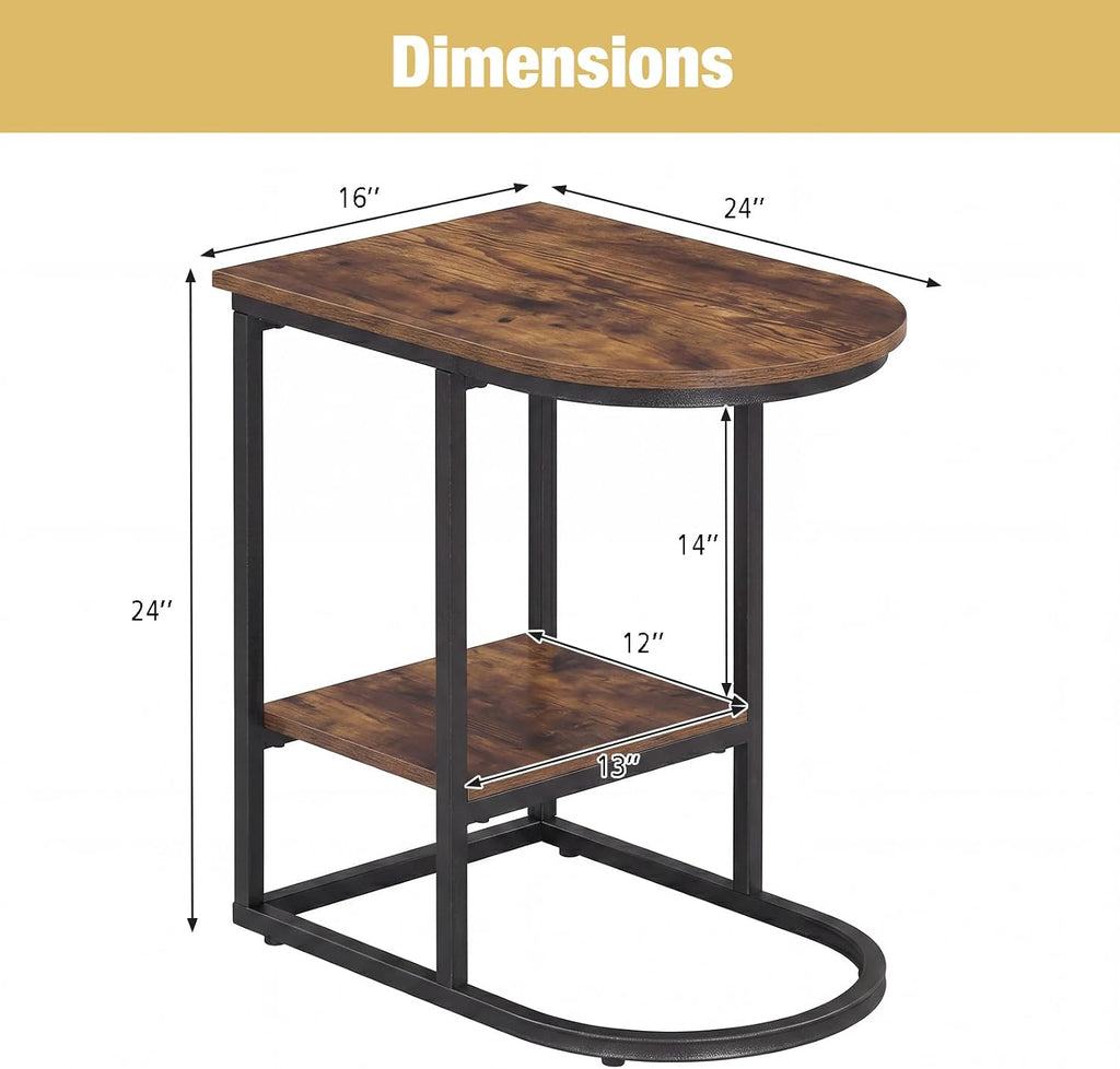 GIANTEX C Shaped End Table Set of 2, Modern Sofa Side Table with Industrial Wood Tabletop & Storage Shelf, Slide Under Sofa Bed, 2-Tier Couch Table for Small Spaces Living Room Bedroom, Rustic Brown - Image 3
