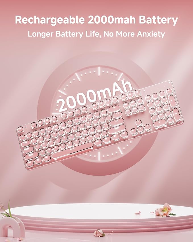 TK950 Typewriter Wireless Mechanical Keyboard, Aesthetic Tri-Mode Bluetooth/2.4G/Wired Retro Punk Typewriter Keyboard with White Backlit, Blue Switch, Round Keycaps for Laptop/Mac/iPad/Win, Pink - Image 7
