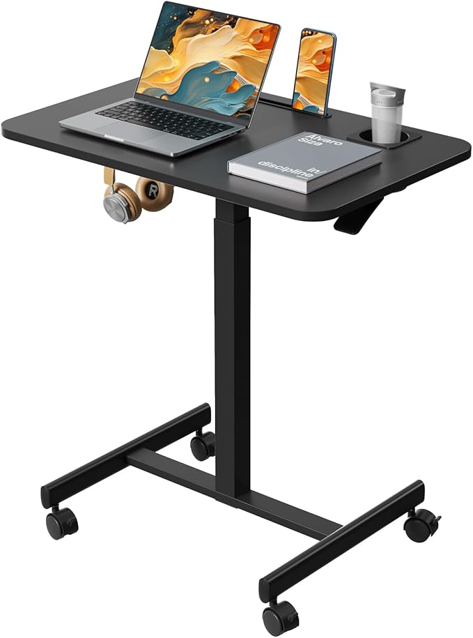 28 inch Mobile Laptop Desk, Portable Sit Stand Cart with Wheels | Small Standing Desk with Cup Holder, Rolling Computer Workstation Height Adjustable with Hook on 4 Lockable Casters, Black by LiftSync