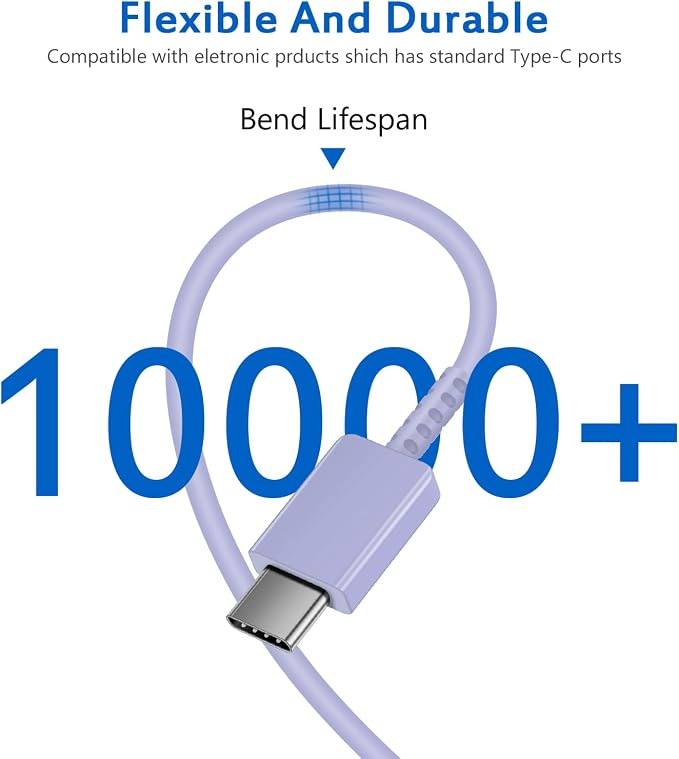 Type C Charger Fast Charging,USB C Charger,25W Samsung Super Fast Charger | for Samsung Galaxy S26/S25/S24/iPhone 17/16/15 Series,Android,with 10FT Extra Long USB C Cable (2-Pack with 2 Cable Purple) - Image 7