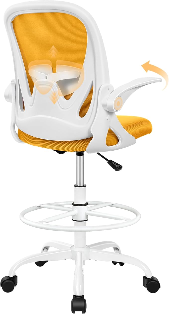 Drafting Chair Tall Office Chair with Flip-up Armrests Executive Ergonomic Computer Standing Desk Chair with Lumbar Support and Adjustable Footrest Ring (Mustard) by Primy