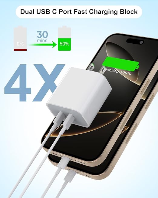 iPhone 17 Charger,USB C Charger Fast Charging with USBC to USBC Cable 2Pack | Dual Type-C Port PD Charging Block iPhone 17 Adapter with USBC Cable,Fast Charging for iPhone 17/17 Pro/Air/16/16 Pro/15,iPad - Image 2
